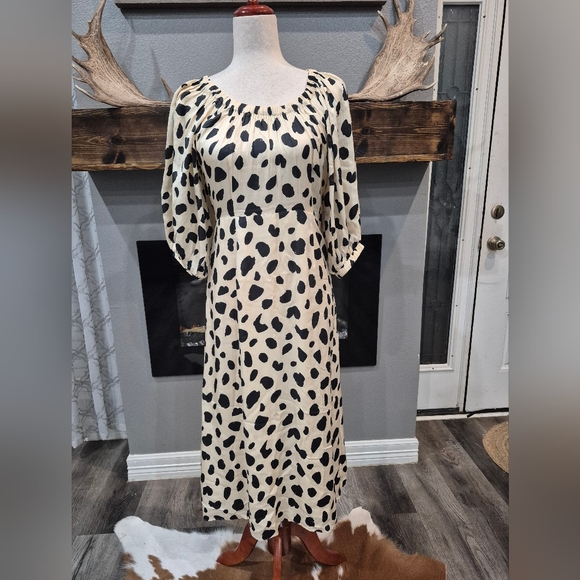 Dresses & Skirts - Kitri Midi Dress with Black Spot Print and Scoop Neck Sizs 8, 100% Viscose